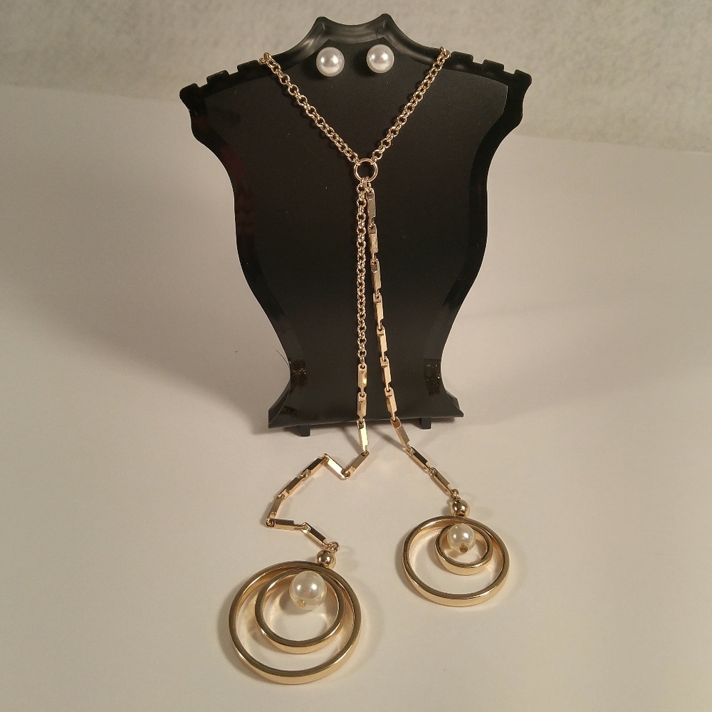 Necklace earring set gold Y-line dual pearl rings